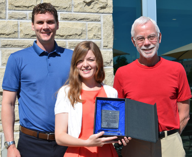 Ms. Thalia Standand, 2015 N. Stewart McIntyre Award Winner (centre) with SSW Director Prof. David Shoesmith (right) and Dr. Mark Biesinger, SSW Manager, Research and Business Development (left). 