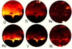Figure 2. SIMS images of the interface between the Ti metal (bottom portion) and the corrosion product (top portion). The diameter of the images is 150 microns.